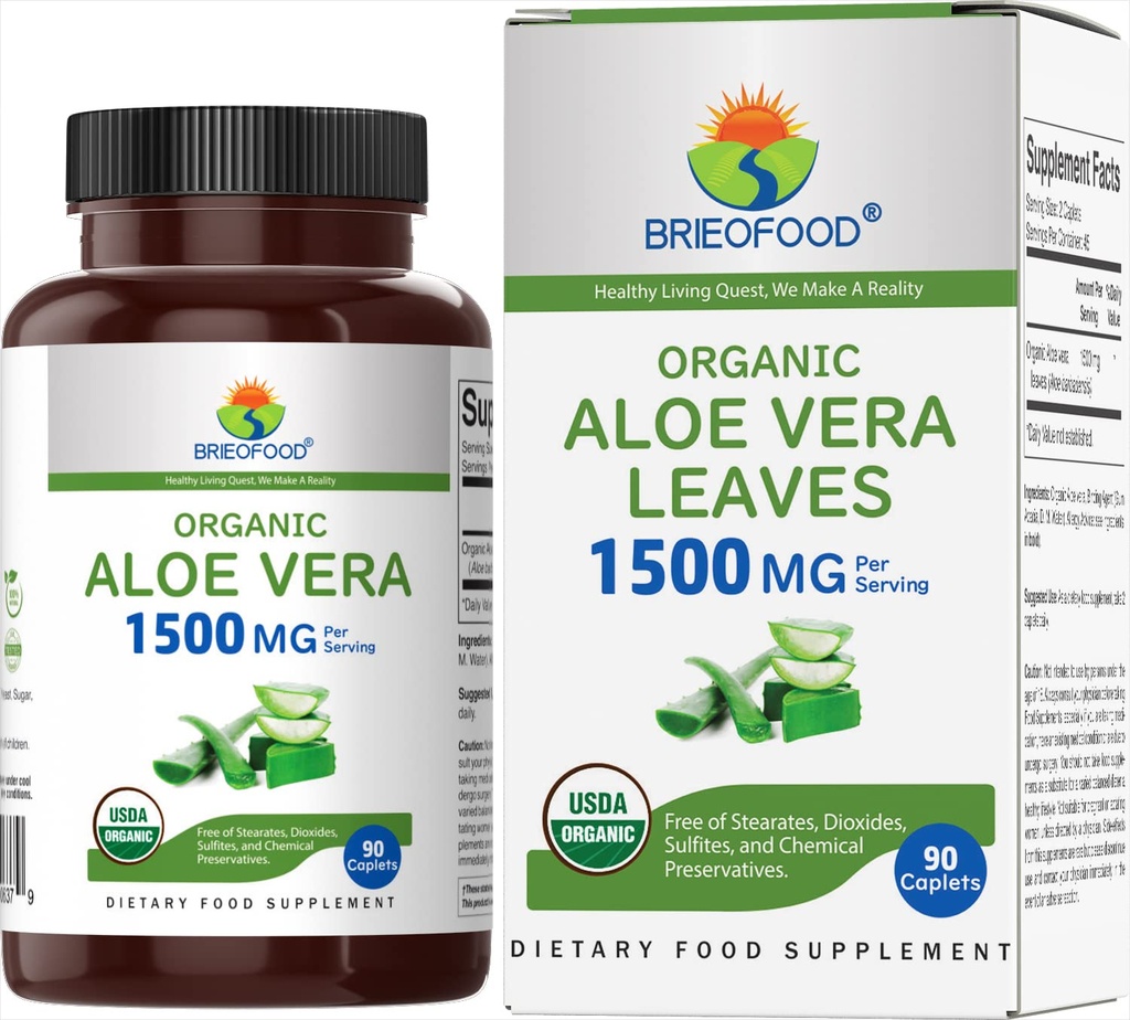 Brieofood Bio Aloe Vera 1500mg, 45 Servierungen, Vegetarisch, Glutenfrei, 90 vegetarische Tabletten