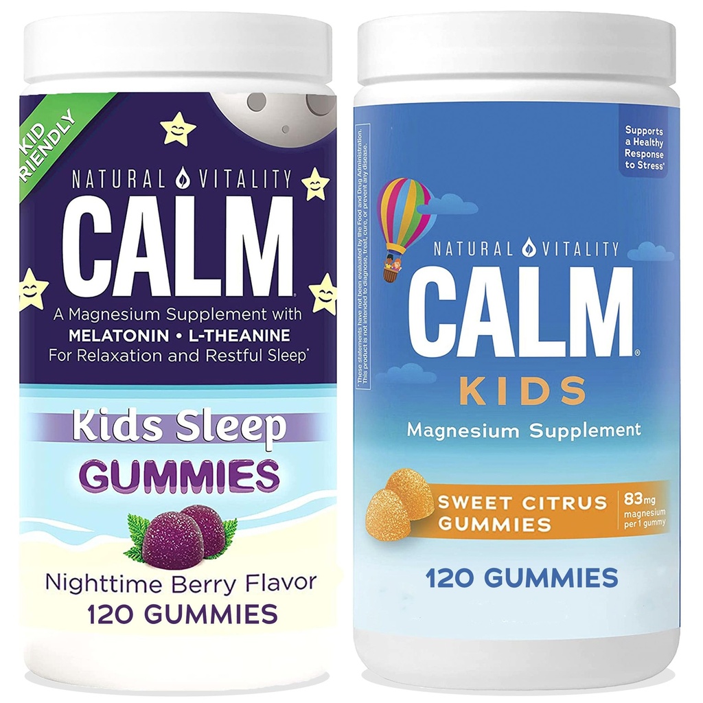 Natural Vitality Calm, Magnesium Citrate Kids Supplement, Stress Relief Gummies, Supports a Healthy Response to Stress, Gluten Free, Vegan - Sweet Citrus (120 Gummies) & Nighttime Berry (120 Gummies)