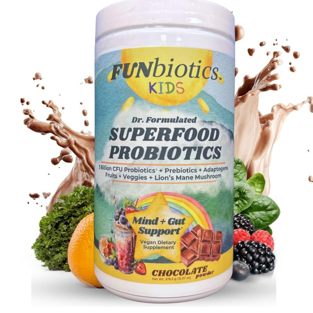 Kids - Dr. Formulated Superfood Probiotic Powder - 5 billion CFU with Prebiotics + Adaptogens + Lion's Mane | Children's Natural Mind & Gut + Immune System Support | Sugar-Free I Chocolate