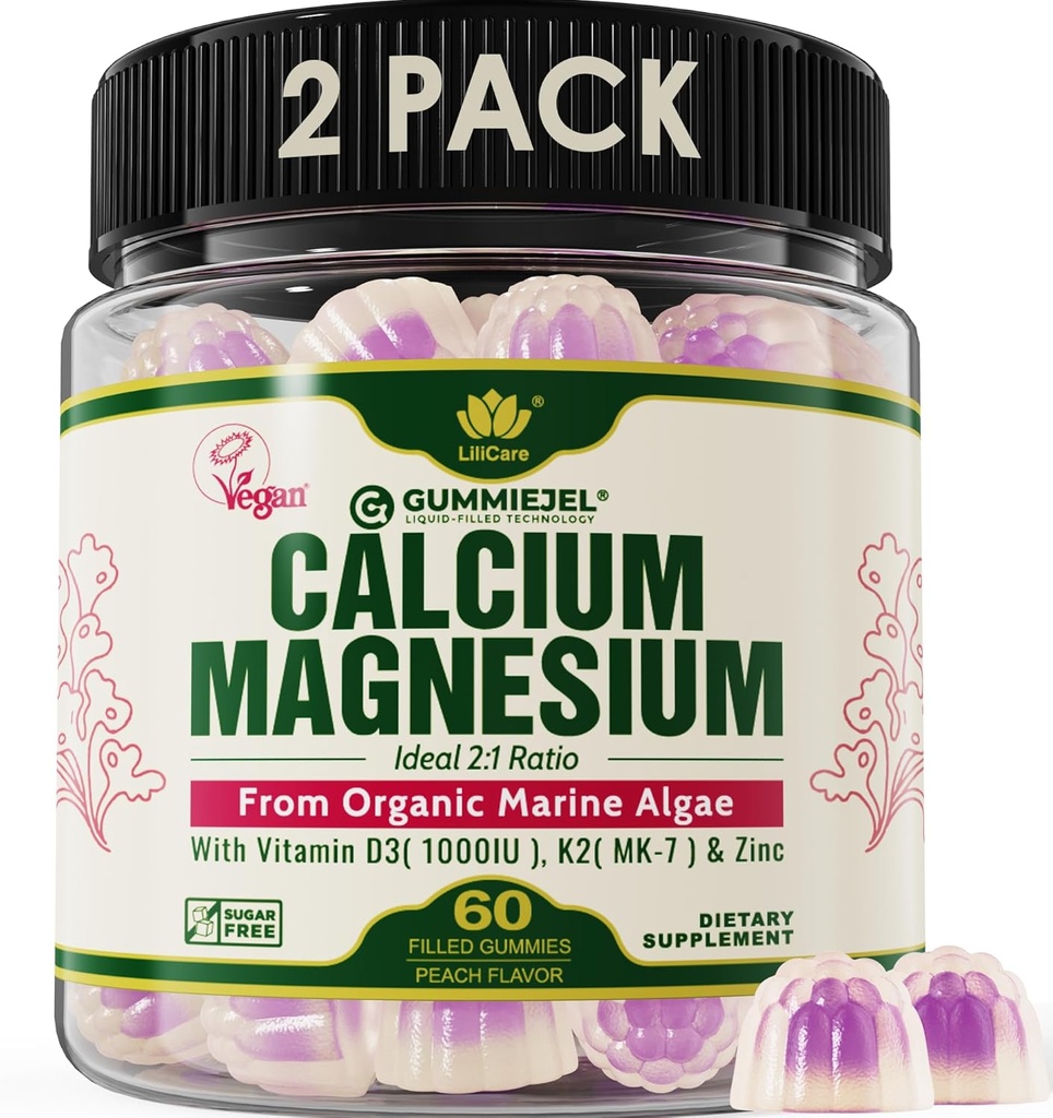 2 Pack - Pflanzenbasierte Kalzium-Gummien 600mg mit Vitamin D3 K2, Magnesium, Zink für Knochenstärke, Zucker freie Kalzium-Ergänzungen für Frauen und Männer (Certified Vegan) aus Sustainable Organic Red Algae