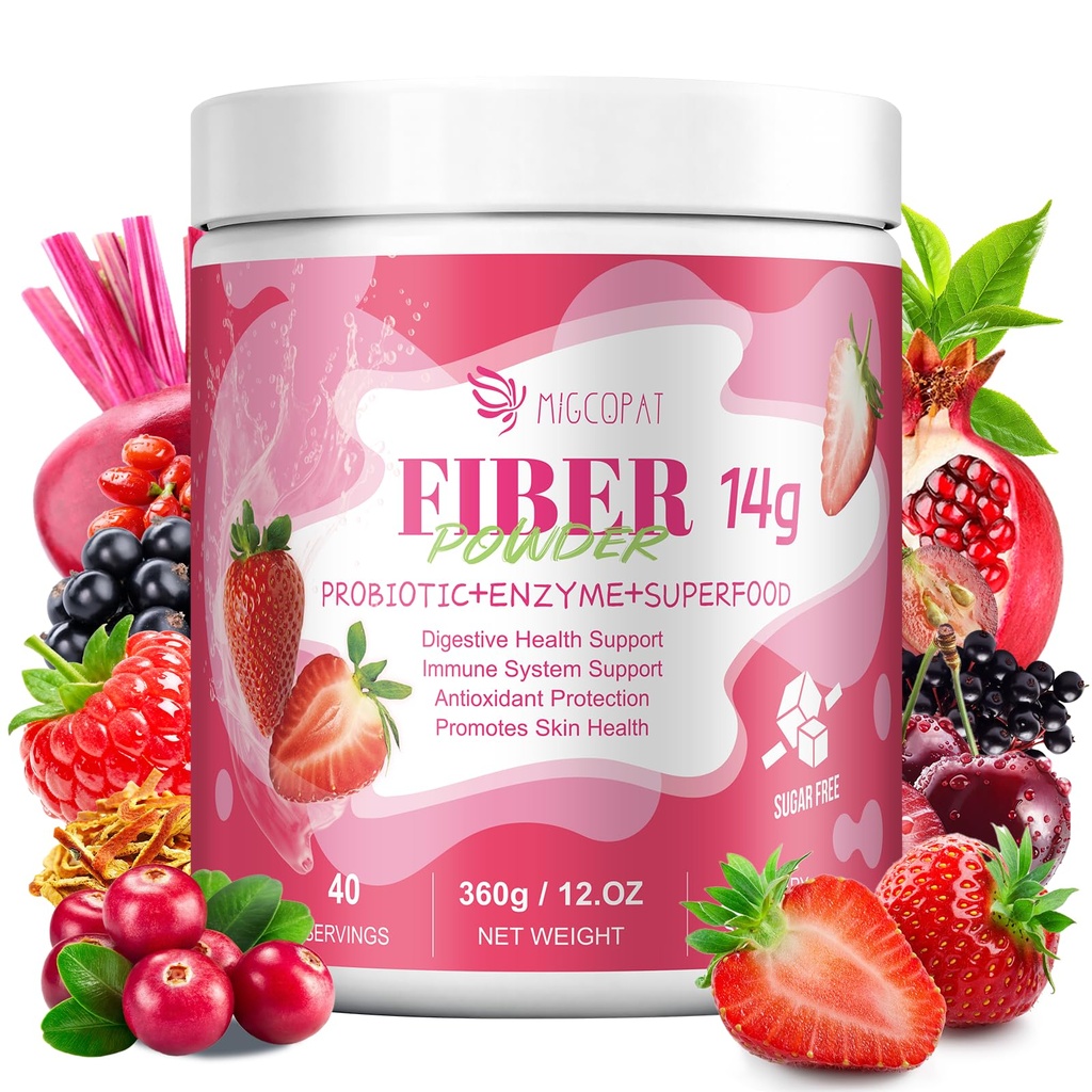Migcopat Superfood Fiber Powder with Probiotics, Prebiotics, Digestive Enzymes, Vitamin C, Inulin, Magnesium, 14G Fiber Supplement for Digestive Support & Skin Health, Strawberry, 40 Serv.