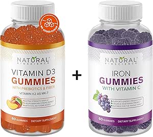 Natürliche BioScience Sugar Free Vitamin D3 K2 Gummie 5000 IU & Eisen Gummie mit Vitamin C, Extrastärke, Immununterstützung, Knochengesundheit, Herzgesundheit, Energieunterstützung, 60 Gummy Vitamine