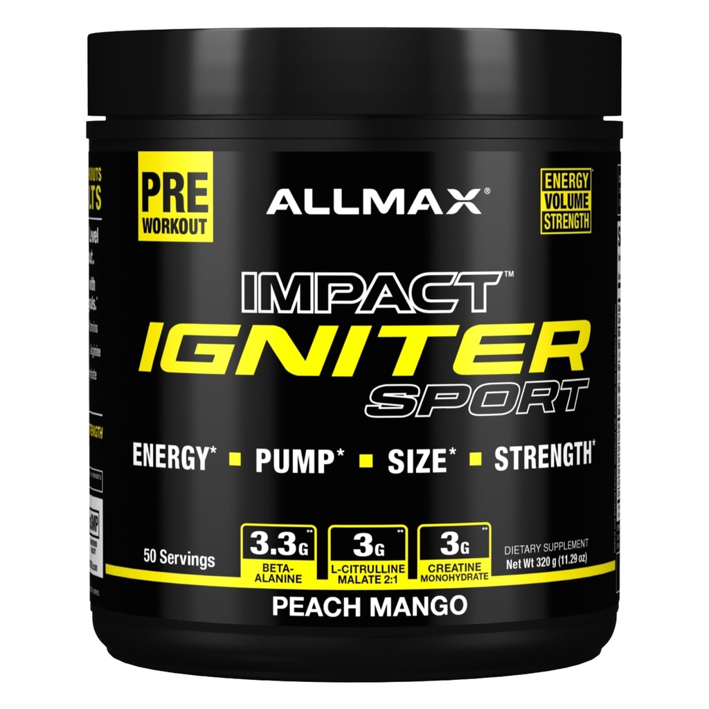 ALLMAX IGNITER Sport, Peach Mango - 320 g - Pre-Workout Formula - with Caffeine, L-Citrulline, L-Arginine, Creatine & Beta Alanine - Up to 50 Servings
