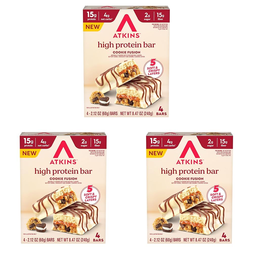 New Atkins High Protein Bars, Cookie Fusion Flavor, 15g of Protein, 4g Net Carbs, 4 Count (Pack of 3)