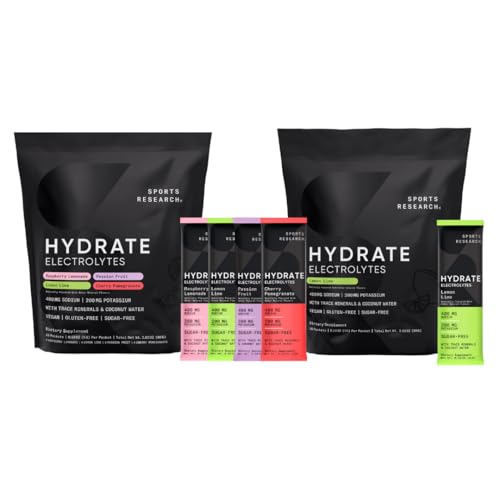 Sports Research Hydrate Electrolytes Combo Pack - Sugar-Free & Naturally Flavored with Vitamins, Minerals, and Coconut Water - Supports Hydration - 32 Packets - Lemon Lime Dominant Flavor