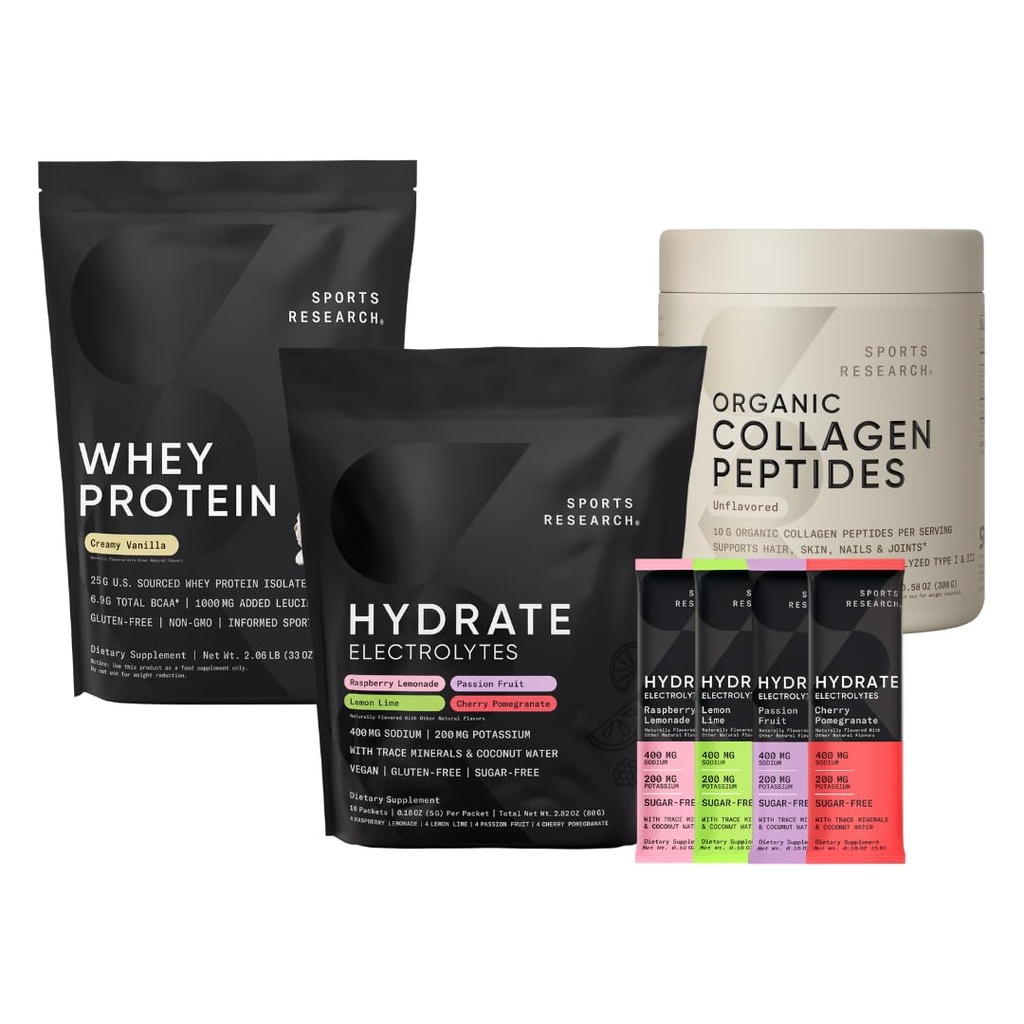 Sports Research® Organic Collagen Peptides (Unflavored - 30 Servings), Hydrate Electrolytes Powder Packets (Variety Pack - 16 Servings) and Whey Protein Isolate (Vanilla Flavor - 26 Servings)