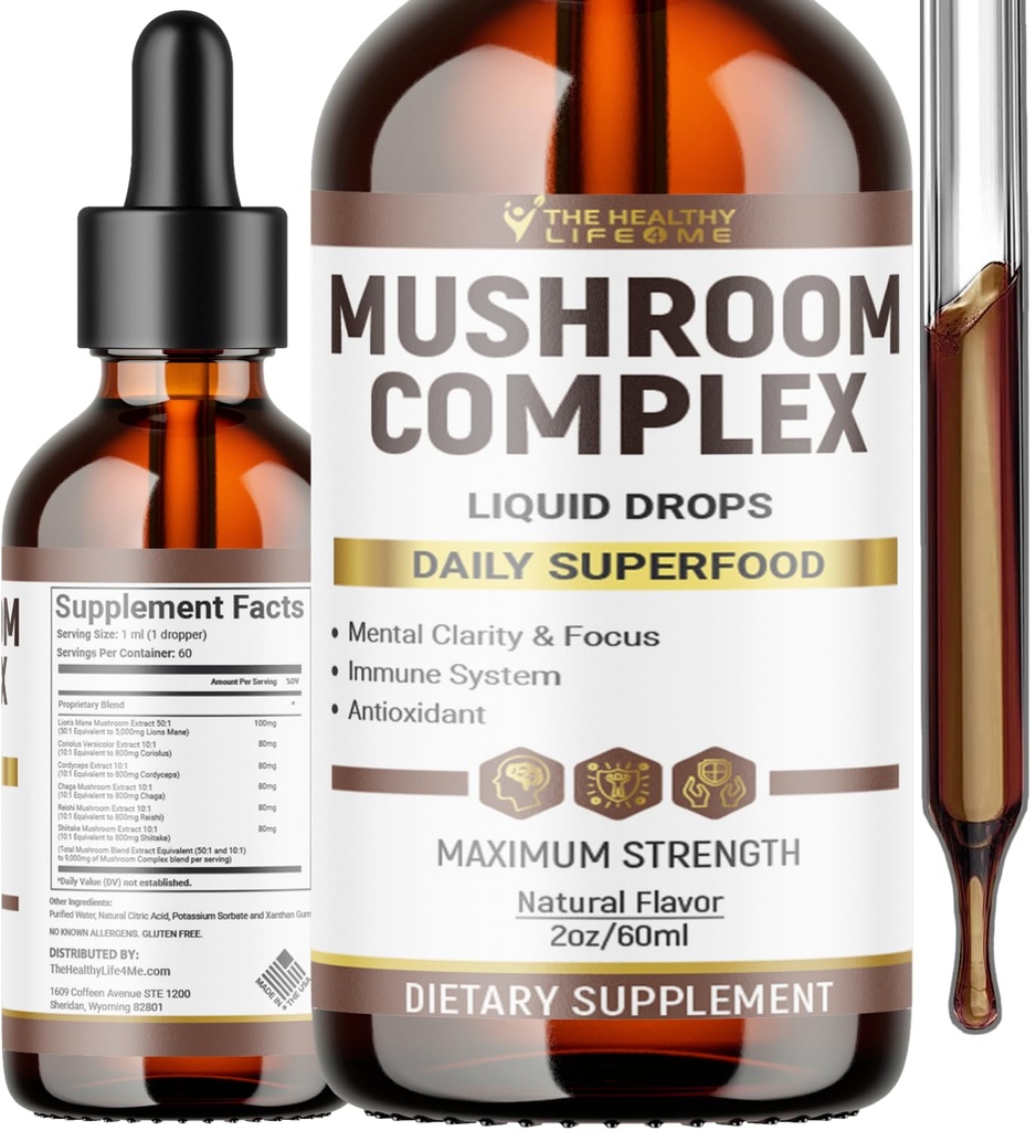 Liquid Mushroom Complex | Kräuterflüssigkeit Tropfen| Pilzergänzung | Lion's Mane, Reishi, Shiitake, Chaga, Cordyceps, Coriolus Versicolor | NonGMO 2oz - 60 Tage Versorgung