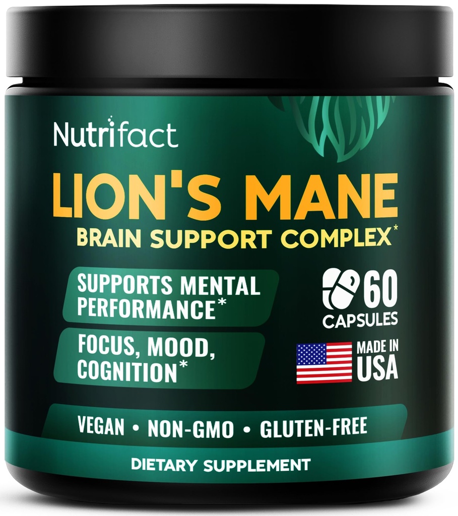 Lions Mane Supplement Capsules – 1000 mg per Serving, Complete Brain Support Complex with L Theanine, Ginkgo Leaf, Vitamin B6, B12 - Vegan, Non-GMO & Made in USA Lions Mane Mushroom - 60 Capsules