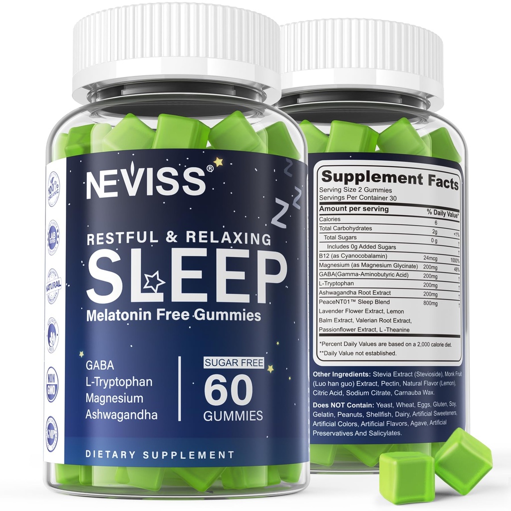 NEVISS Melatonin Free Sleep Aid Gummies für Erwachsene - Magnesium Glycinate Gummies | GABA, L-Tryptophan, Magnesium, Ashwagandha - Non-Habit Forming, Hilfe für tiefe Entspannung - Vegan, Lemon Flavor, 1Pack