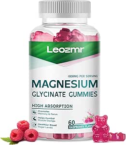 Magnesium Glycinate Gummies 1000mg - Zuckerfreie Magnesium Kaliumergänzung mit Vitamin D, B6, CoQ10 für ruhige Mood & Schlafunterstützung - 60Raspberry Gummies