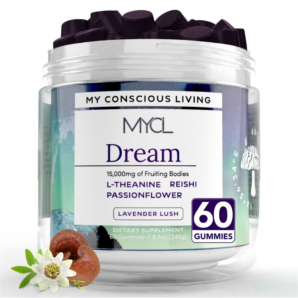 MYCL Dream Mushroom Gummies | 500mg Blend with Reishi Fruiting Body, L-Theanine, Valerian Root & Low-Dose Melatonin | Supports Deep Sleep & Stress Relief | Vegan, Organic, Gluten-Free | 30 Servings
