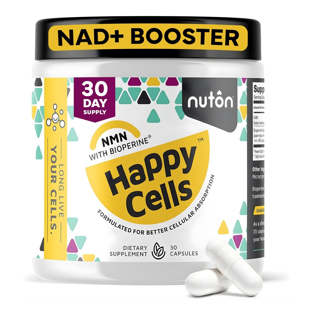 Nuton Happy Cells - NMN Supplement with Bioperine for Healthy Aging & Cellular Repair - NAD+ Supplement - Protects DNA, Promotes Skin Health & Brain Function - Vegan - Non-GMO Formula - 30 Capsules