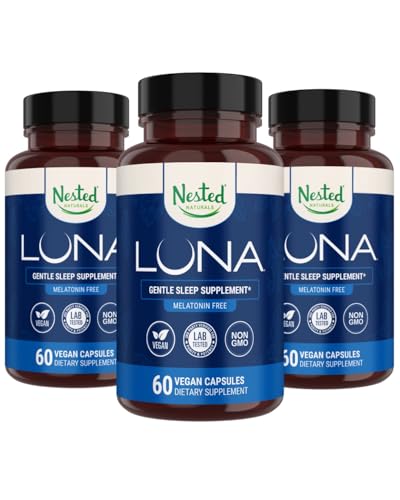 Nested Naturals Luna Melatonin Free, Non-Habit Forming Kräuter Schlafergänzung w/Chamomile, Valerian, L-Theanine, 180 Vegan Kapseln (60 Kapseln pro Flasche)