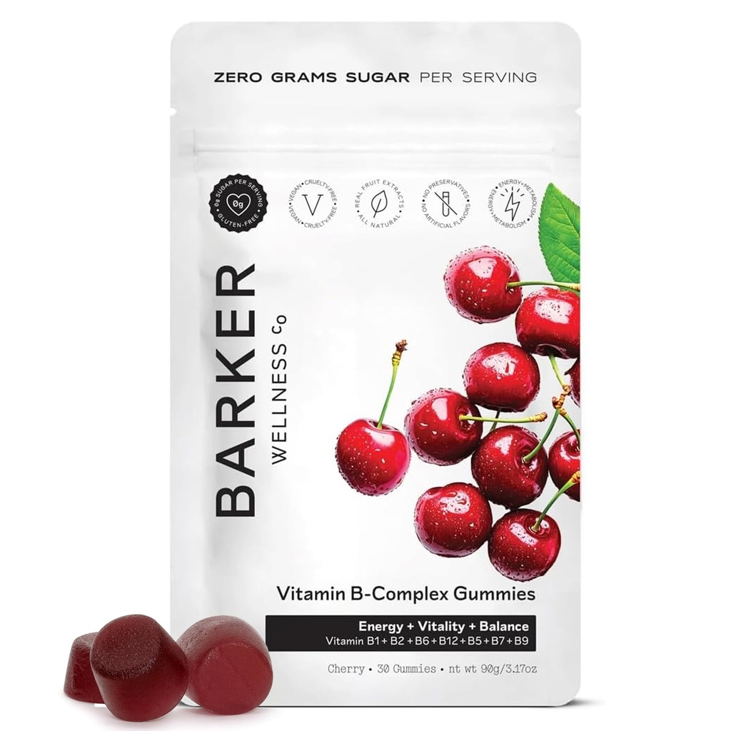 Barker Wellness Vegan B-Complex Gummies – Comprehensive Energy & Metabolism Boost with B1, B5, B6, B7 Biotin, B9 Folate, B12 | Sugar-Free Cherry Flavor for Daily Focus & Vitality