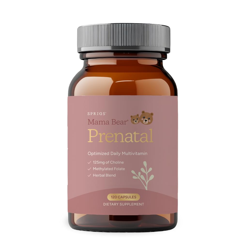 SPRIGS Mama Bear Prenatal Gold Multivitamin with Methylated Folate & Choline, Easy to Digest Prenatal Vitamins for Women, Clean Herbal Blend Pregnancy Support Supplement, 120 Capsules