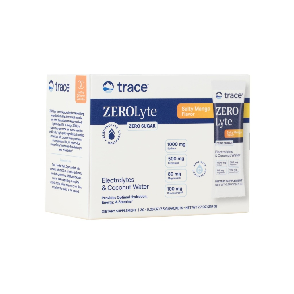 Trace Minerals ZeroLyte - Getränke-Mix-Pulver unterstützt Hydration & Energie - Aids Gesunde Nerve & Muskel-Funktion - Unterstützung Herz & Verdauungs-Gesundheit - Salty Mango, 30 Packungen (30 Portionen)