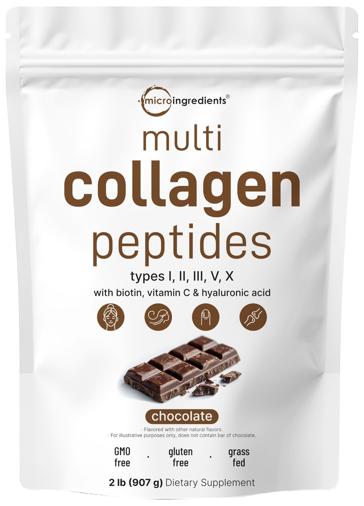 Micro Ingredients Multi Collagen Peptides Powder, 2lb | Typ I, II, III, V, X + Biotin, Vitamin C & Hyaluronsäure | Schokolade Geschmack | Unterstützt Haare, Haut & Gelenke Gesundheit | Keto, Non-GMO