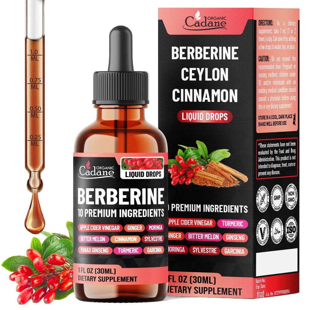 10in1 Berberine Liquid Drops – Heart Health Support with Ceylon Cinnamon, Bitter Melon, Turmeric, Ginseng, Gymnema Sylvestre, Garcinia, Apple Cider Vinegar & More - 1 FL Oz - 1 Month Supply