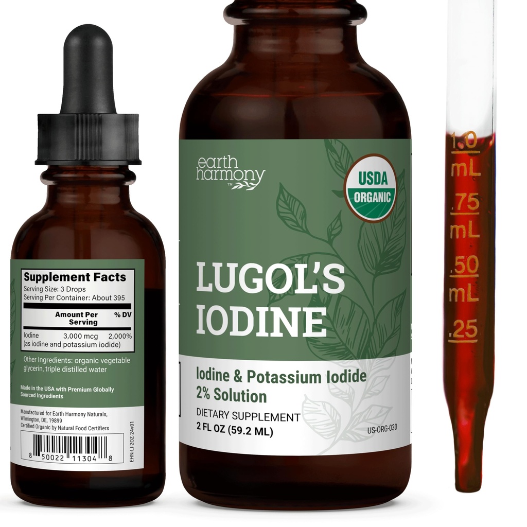 Bio Lugol's Iodine, Iodine und Kalium Iodide 2% Lösung 3000 mcg - Flüssige Ergänzung Tropfen für Schilddrüsenunterstützung für Frauen und Männer, Stoffwechsel Gesundheit, Detox Boost - Non-GMO, 395 Portionen (2 Oz)