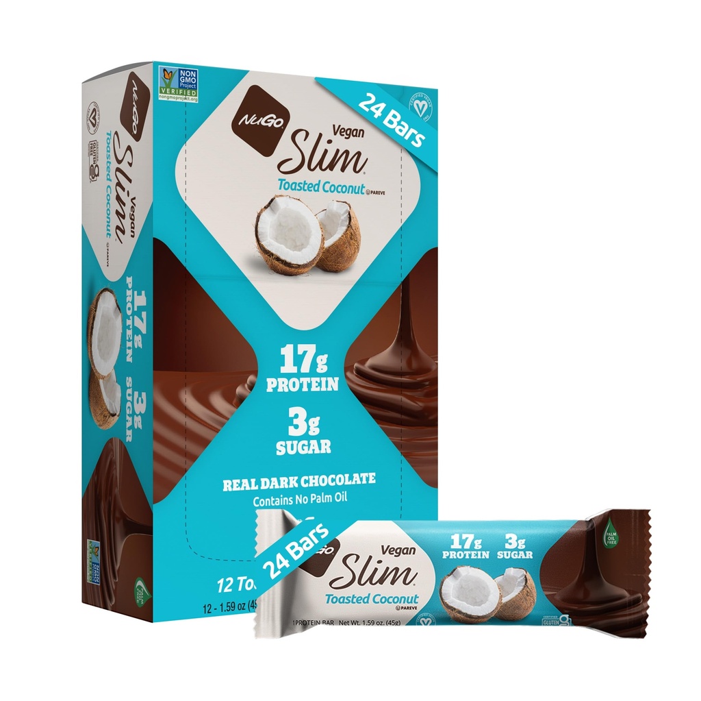 Nugo Slim Dark Chocolate Toasted Coconut, 16g Vegan Protein, 3g Zucker, 7g Fiber, Low Net Carb, Keto Friendly, Glutenfrei, 24 Count