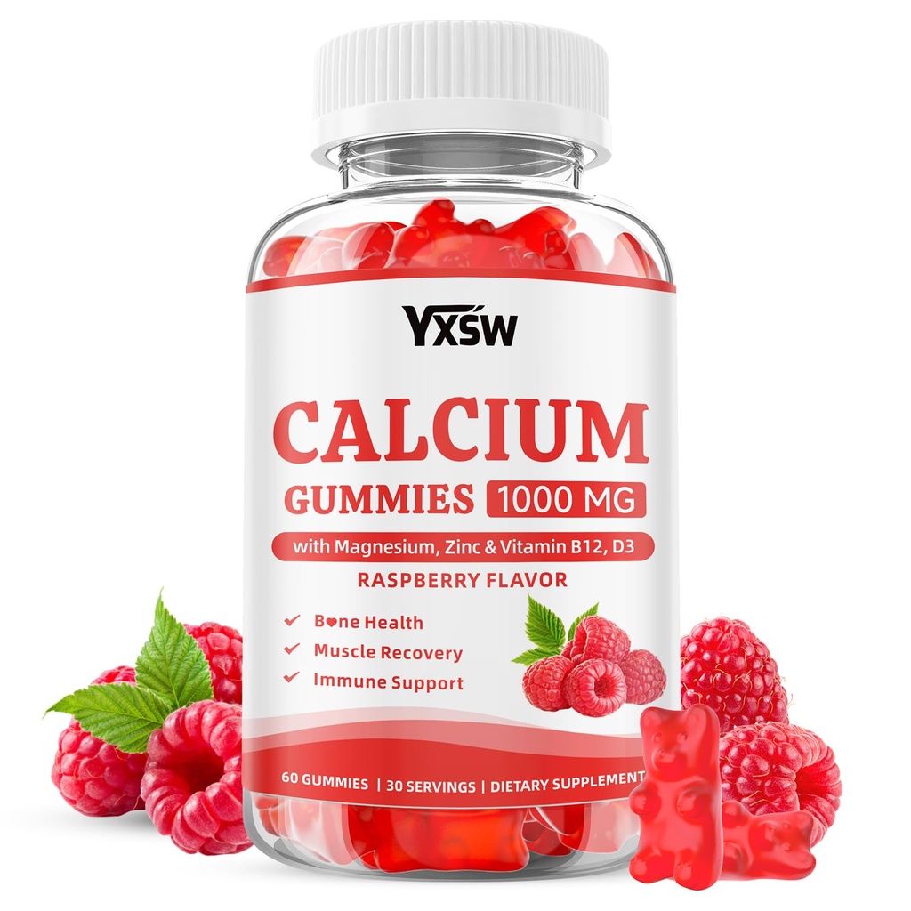 Calcium Gummies 1000mg with Vitamin D3 K2 & B12 Complex, High Absorption Potassium, Calcium Magnesium Zinc Supplement for Bone, Muscle, Mood and Immunity Support, Raspberry Flavor, 60 Count
