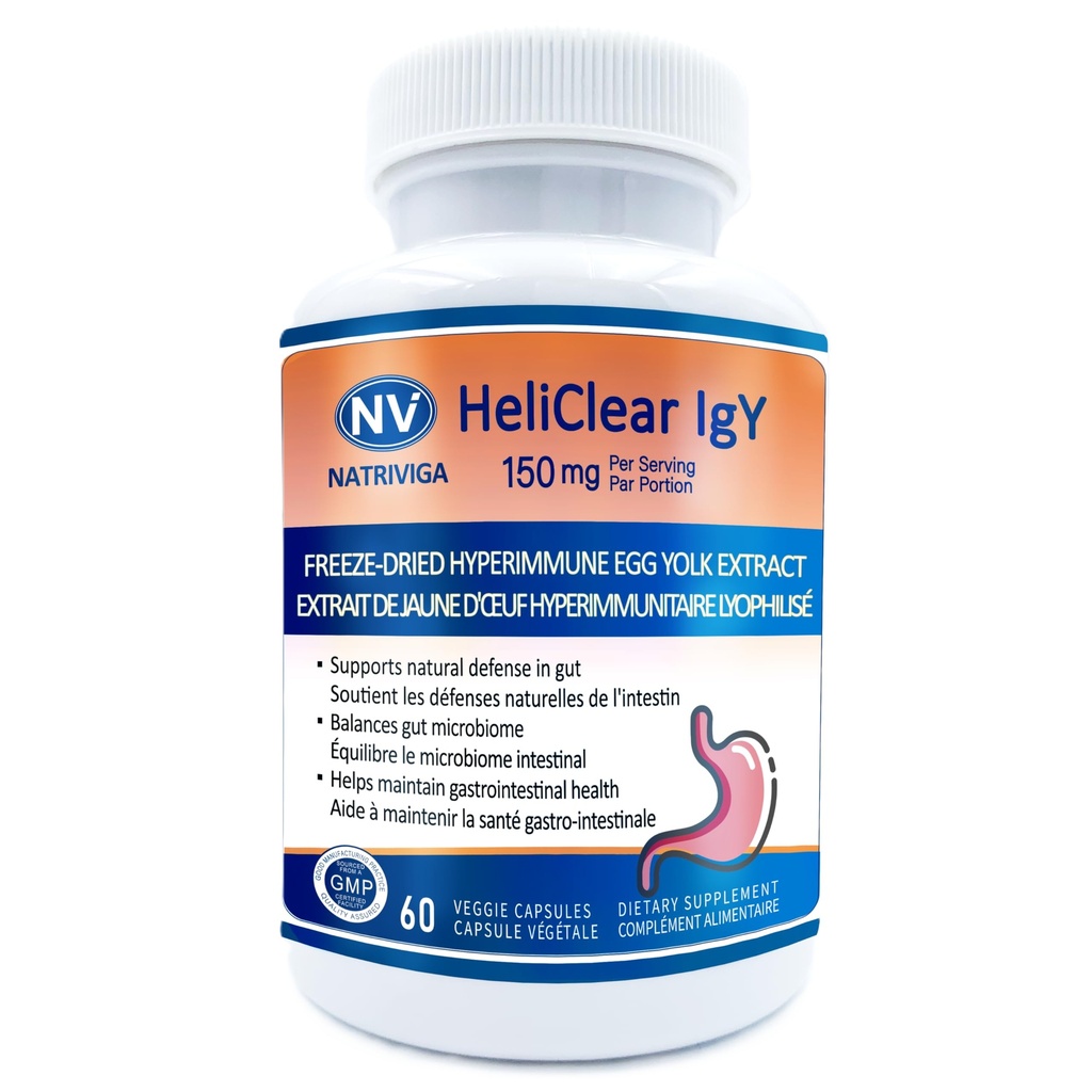 Heliclear IgY – Hyperimmune Egg Yolk IgY immunoglobulins for Gut & Gastric Health – Supports Gut Microbiome Balance, Stomach Lining Integrity & Digestive Health – Dairy-Free, 150 mg, 60 Capsules