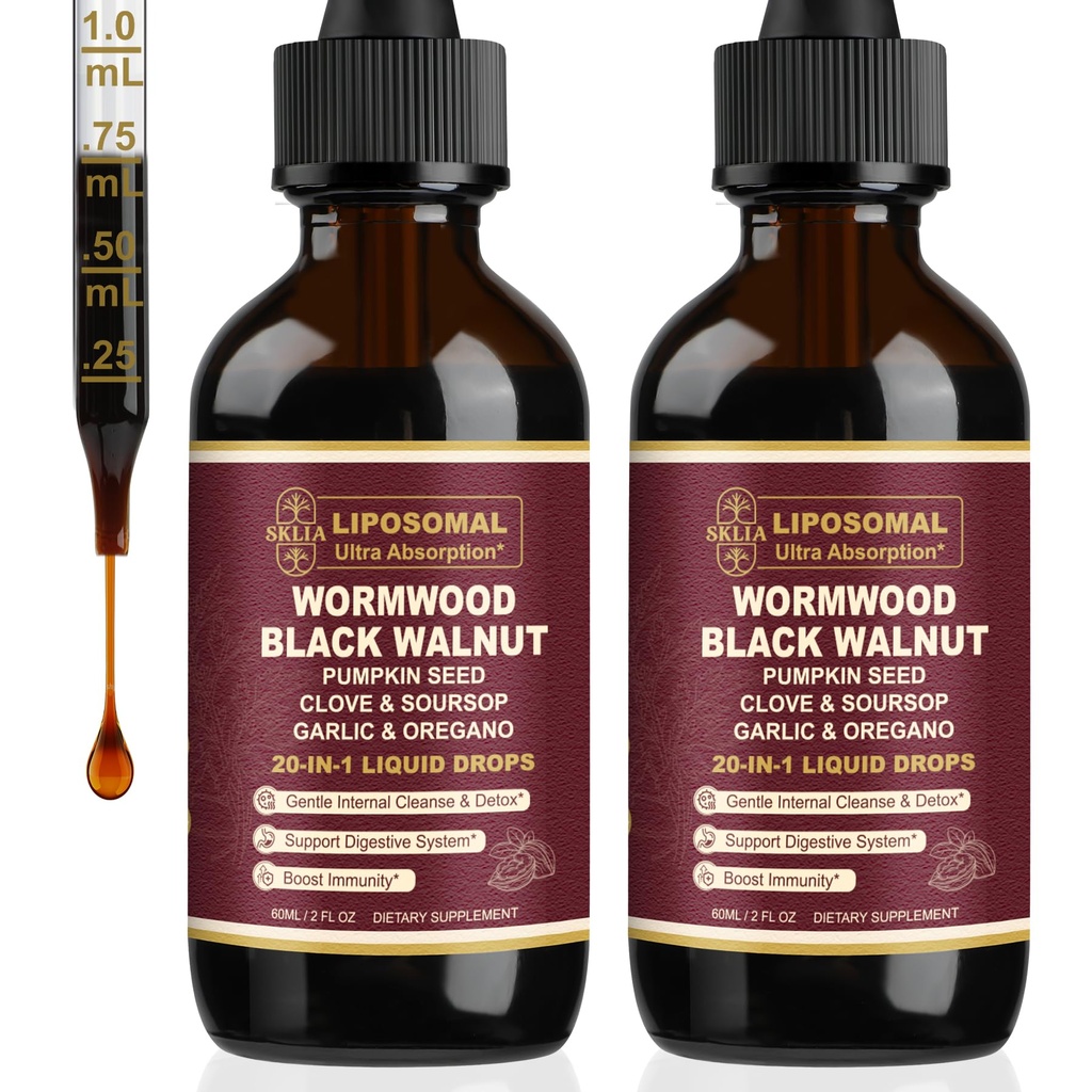 20-in-1 Liposomal Wormwood Black Walnut Cleanse for Humans Drops Liquid – Rapid Gut Cleanse & Digestive Support with Clove, Berberine, Garlic, Soursop, Slippery Elm, Oregano | Fast-Absorbing 2P