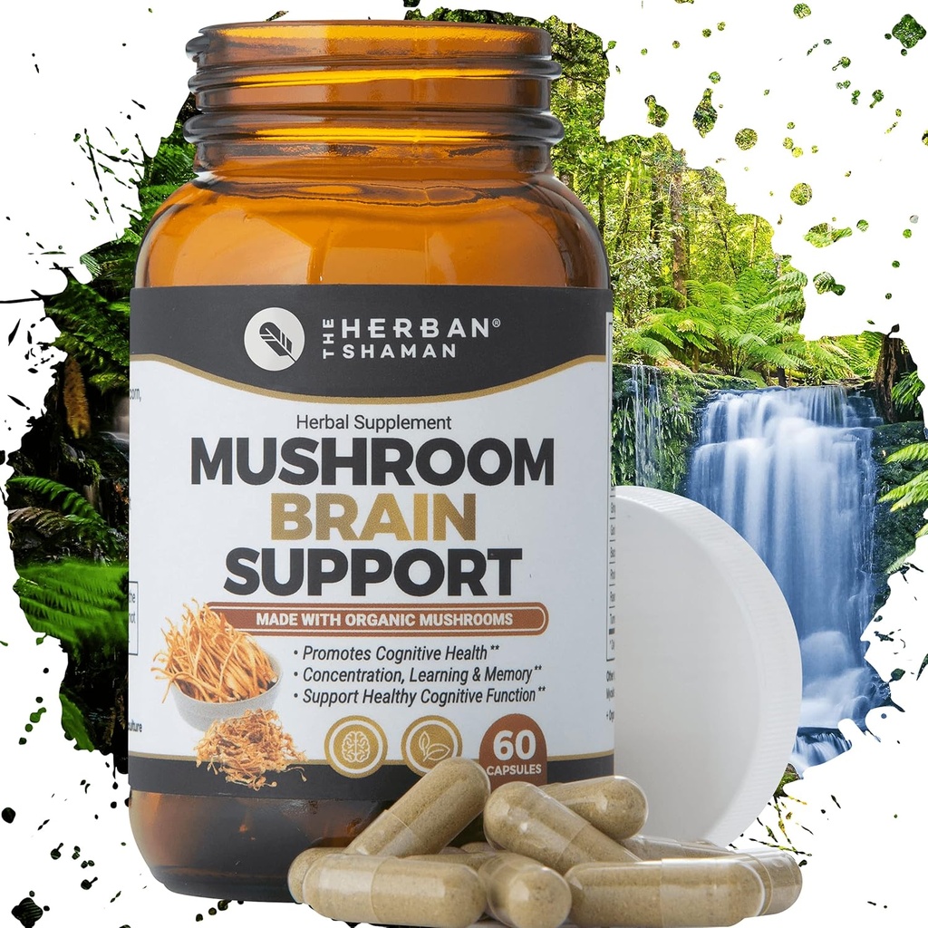 Mushroom Supplement Brain Unterstützung | Bio Lions Mane, Cordyceps, Ginkgo Leaf, Gotu Kola + Mehr | Natürliche Kräuterergänzung (60 Kapseln)