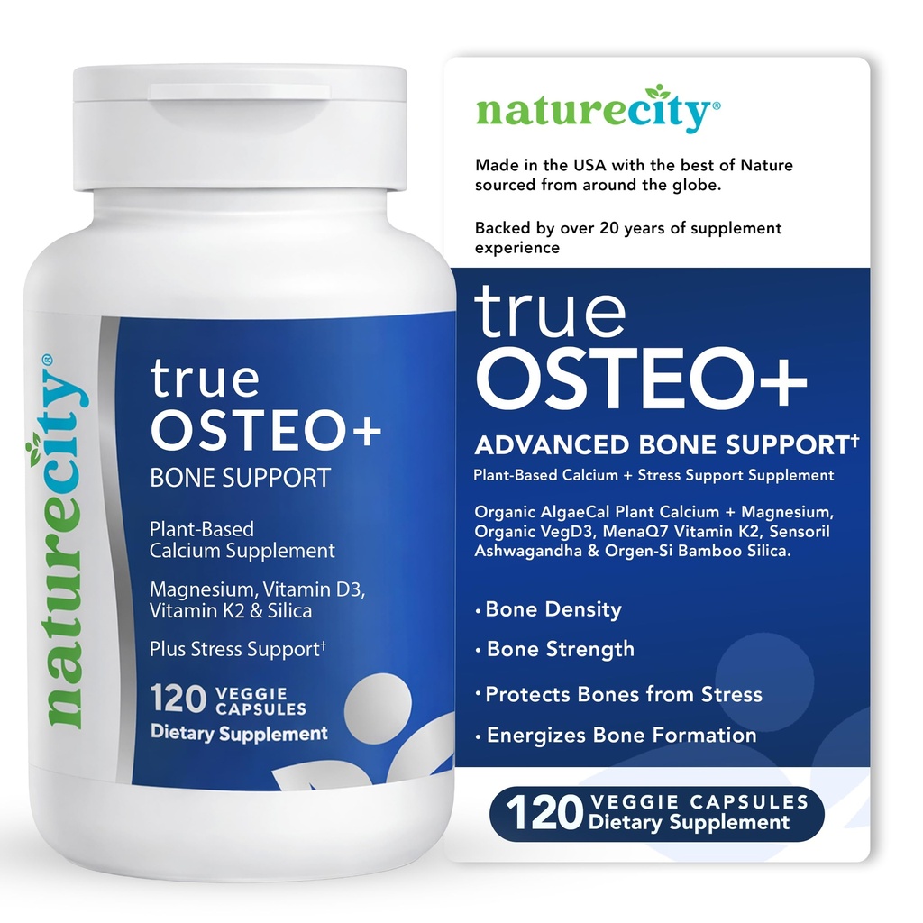 NatureCity True-Osteo Plus Bone Support with Ashwagandha – for Strength & Density – Plant-Based Calcium with Organic AlgaeCal, Magnesium, Vitamin D3, K2, Silicon & Stress Support | 120 Veggie Capsules