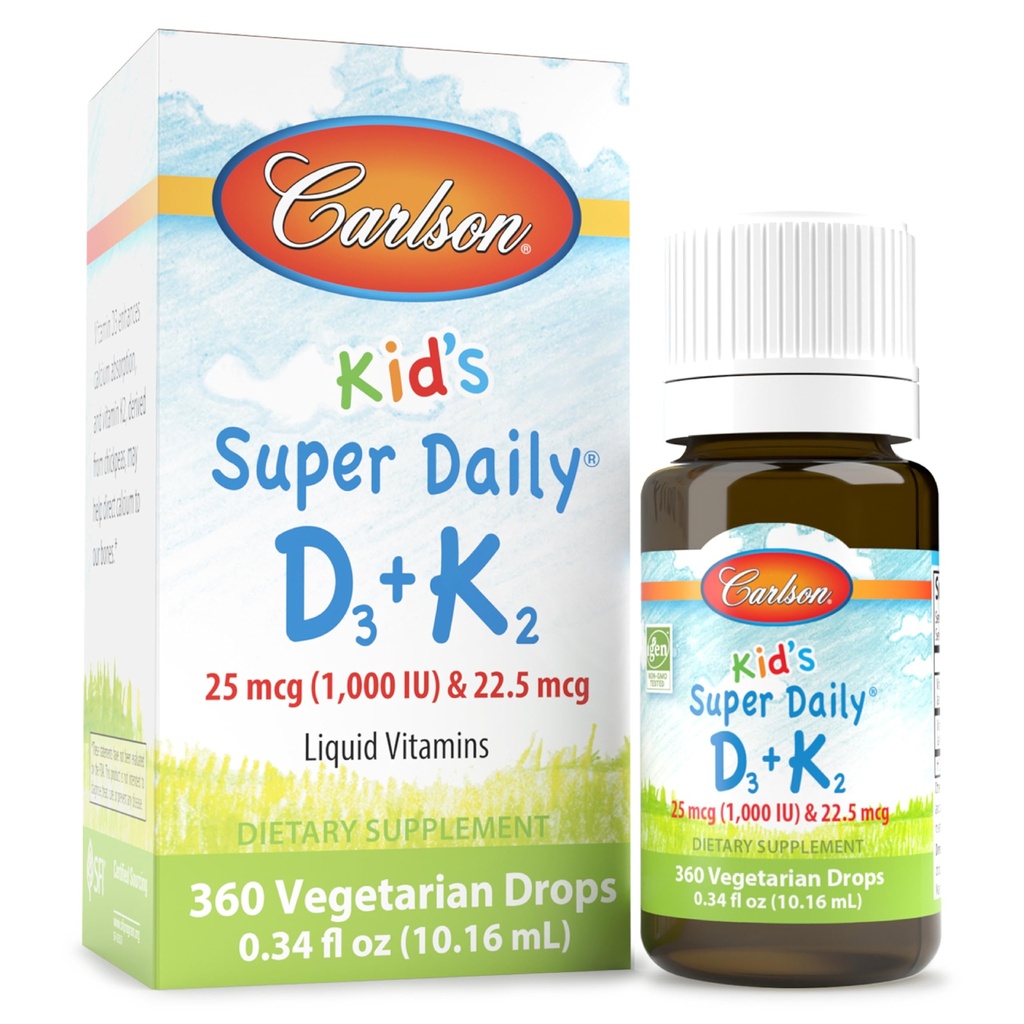 Carlson - Kid's Super Daily D3+K2, 25 mcg (1.000 IU) D3 & 22.5 mcg K2, Vitamin D Tropfen mit Vitamin K2, Flüssige Vitamine, 1000 IU Vitamin D3, Herz- und Knochengesundheit, 1-Jahres-Versorgung, Entflammt, 360 Tropfen
