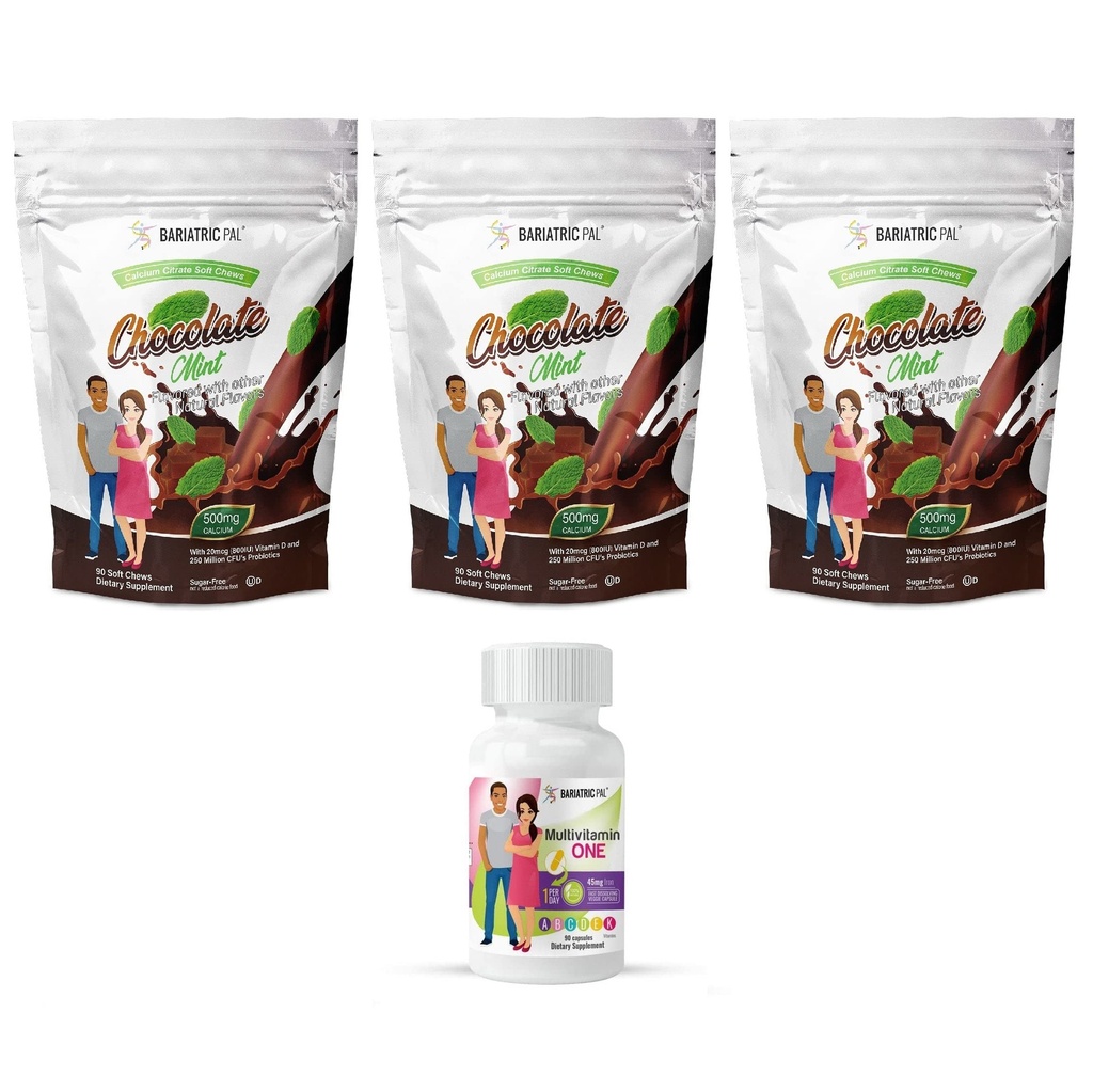 BariatricPal 90-Day Bariatric Vitamin Bundle (Multivitamin ONE 1 per Day! Capsule with 45mg Iron and Calcium Citrate Soft Chews 500mg with Probiotics - Chocolate Mint)