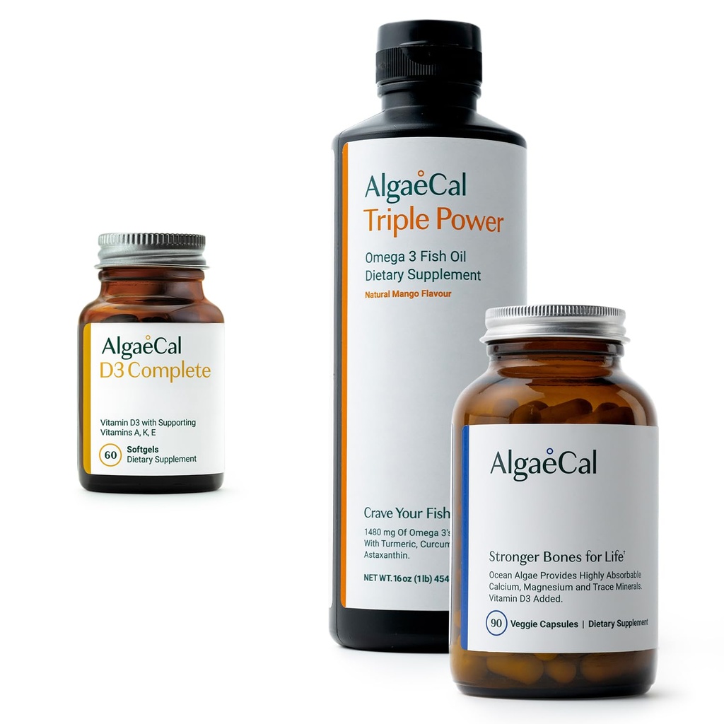ALGAECAL Bundle - D3 (1000 IU) + K2, Vitamin E, Vitamin A (1000 IU) & Pflanzenbasiertes Calcium für Knochenunterstützung & Omega 3 mit 1200mg EPA DHA