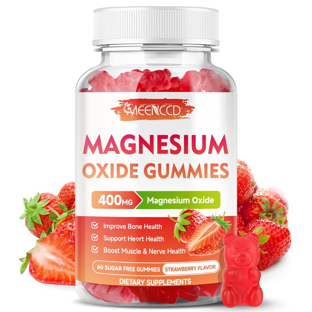 Magnesiumoxid-Gummi 400mg, Kaubare Magnesiumoxid-Ergänzung für Erwachsene & Kinder, Nerve & Muskel-Unterstützung, Non-GMO, Sugar-Free, Erdbeer-Flamour, 60 Count