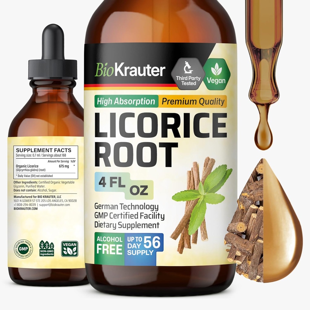 BIO KRAUTER Licorice Root Tincture - Licorice Root Extract for Digestive Support - Alkohol und Zuckerfrei - Vegan Drops 4 Fl.Oz.
