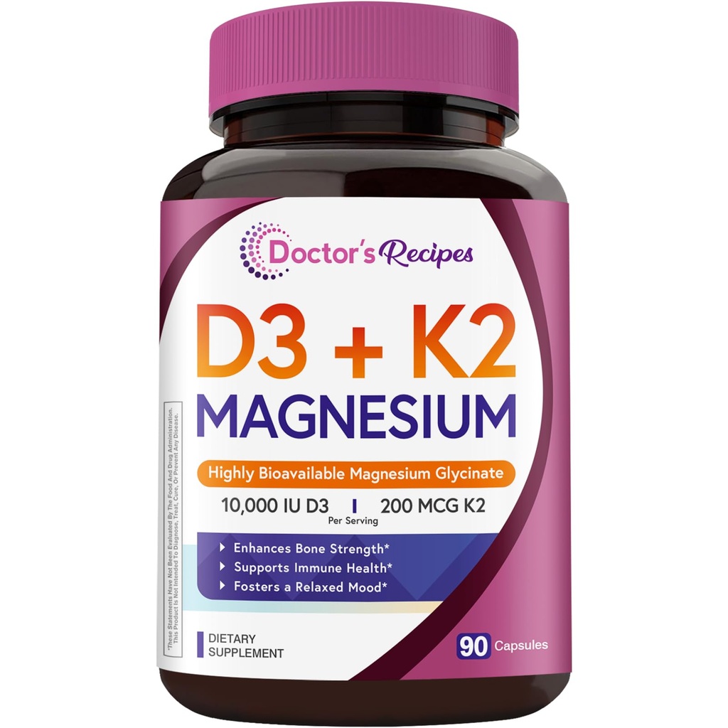 Doctor's Recipes D3+K2+Magnesium, 10000 IU D3, 200 mcg K2, Highly Bioavailable, Chelated Magnesium Glycinate, Non-GMO, No Gluten, for Bone, Immune, Mood, Relaxation Support, 90 Capsules