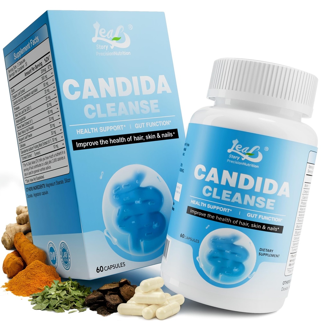 Candida Cleanse for Women, Oregano & Caprylic Acid Gut Cleanse, Herbal Supplement Digestive & Intestinal Health Support, Flora Balance for Gut Health, 60 Capsules