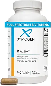 XYMOGEN B Activ Vitamin B Complex mit Benfotiamin, Methylfolat, Biotin, Vitamin B6 & B12 (Methylcobalamin b12) - Energieergänzungsmittel für Adrenal & Mood-Unterstützung (180 Kapseln)