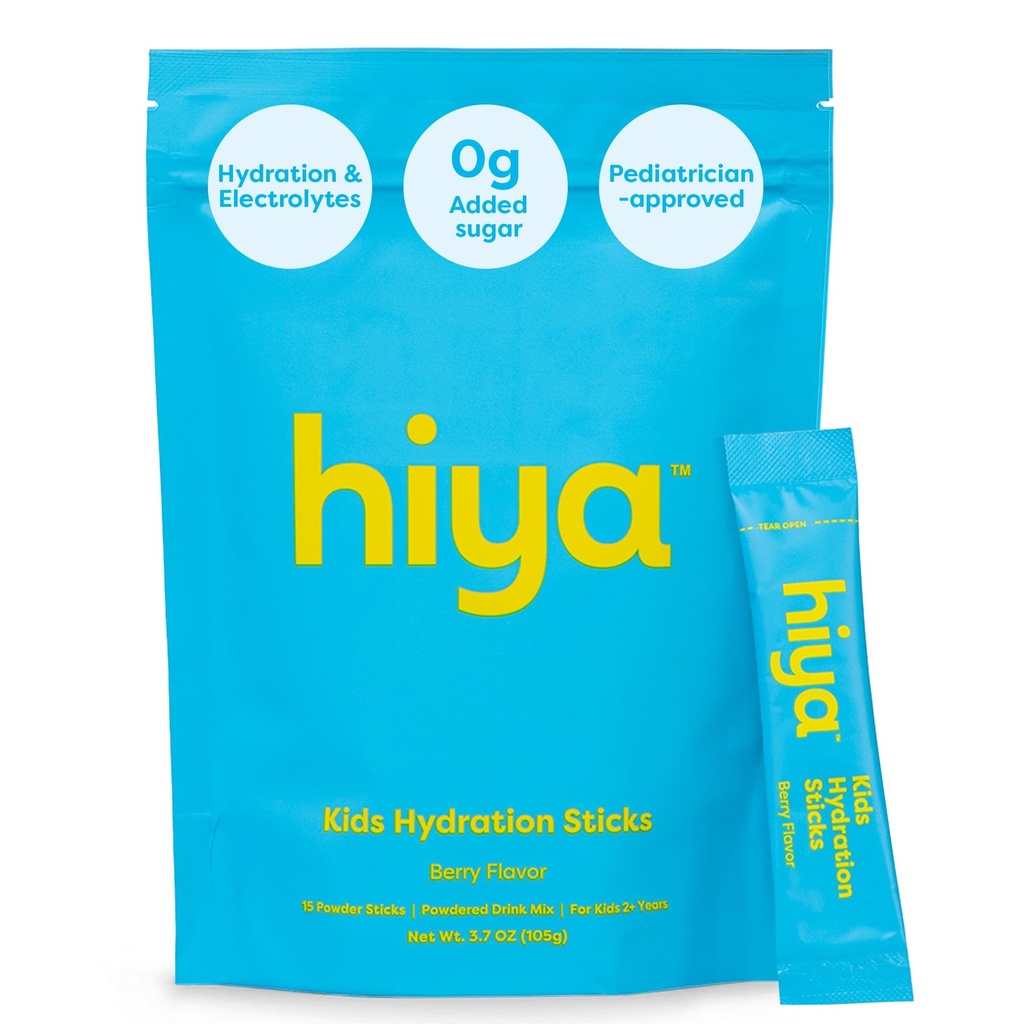 Hiya Kids Hydration with Electrolytes - Zero Added Sugar Berry Flavored Kids Hydration Packets - 15 Sticks - Travel-Friendly Drink Mix for Children Ages 2+