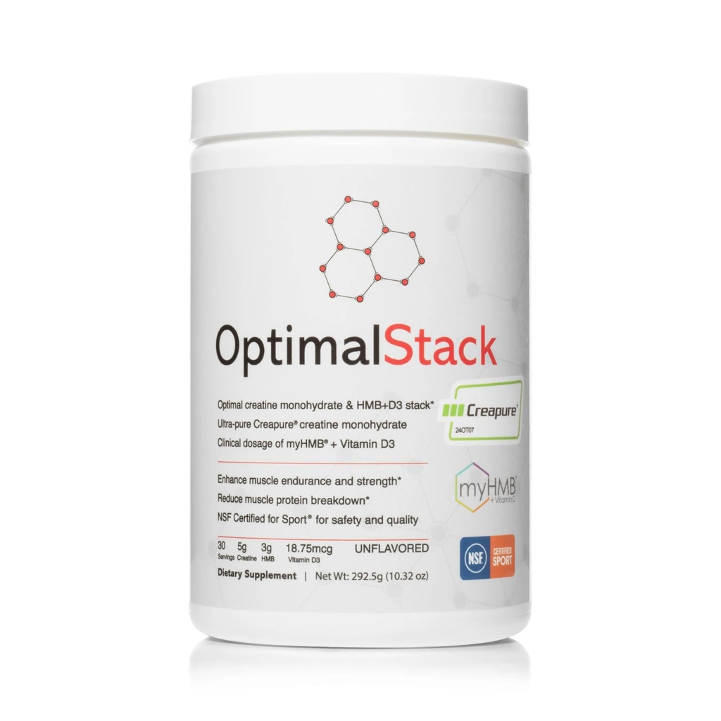 OptimalStack Creatine Monohydrate, HMB, & Vitamin D3 Stack | with Creapure Creatine, Clinical Dosage of myHMB, and Vitamin D3 | NSF for Sport Certified | Unflavored, 30 Servings