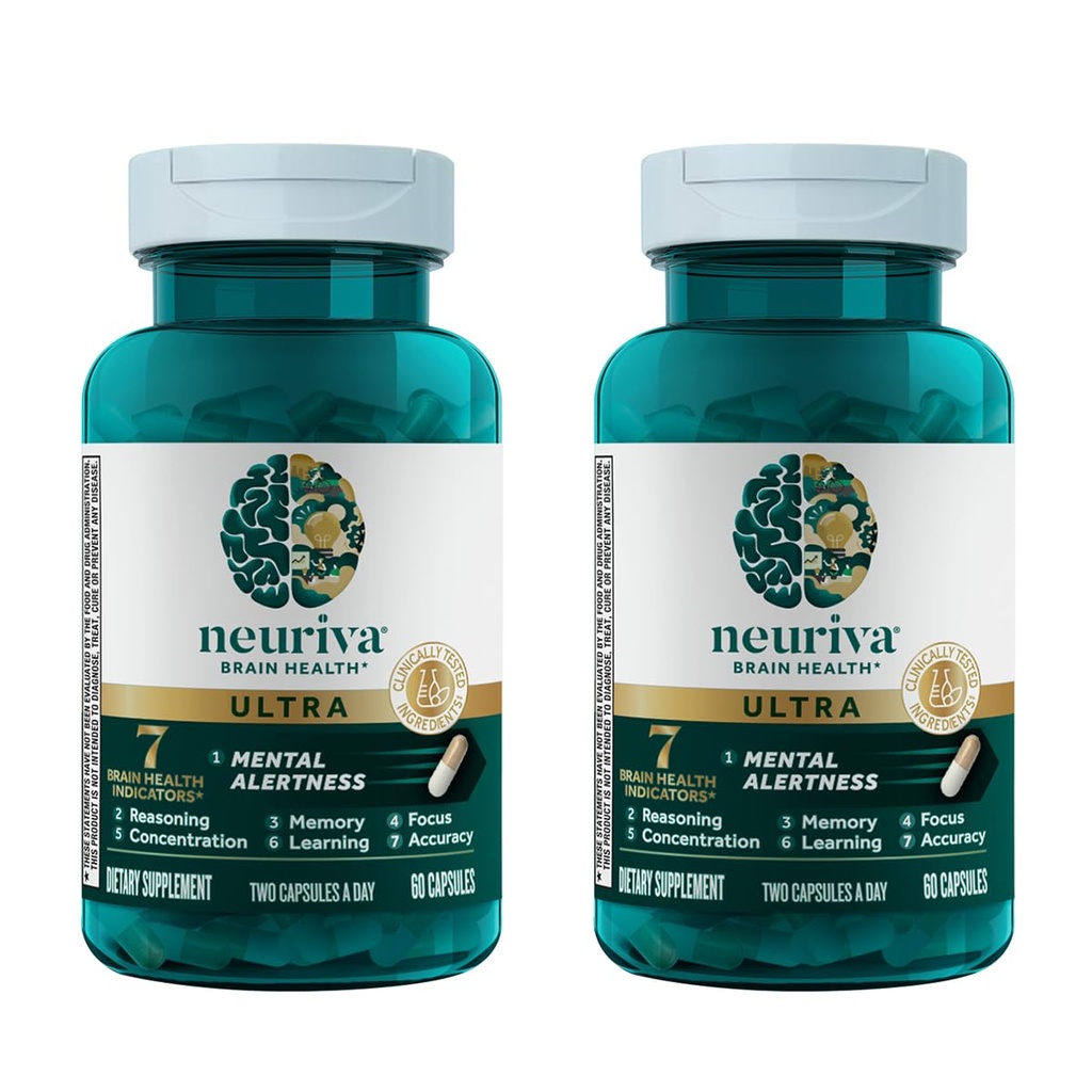 NEURIVA Ultra Decaf Clinically Tested Nootropic Brain Supplement for Mental Alertness, Memory, Focus & Concentration, Cognivive, Neurofactor, Phosphatidylserine, Vitamin B6 B12, 60 Caps (2 Pack)