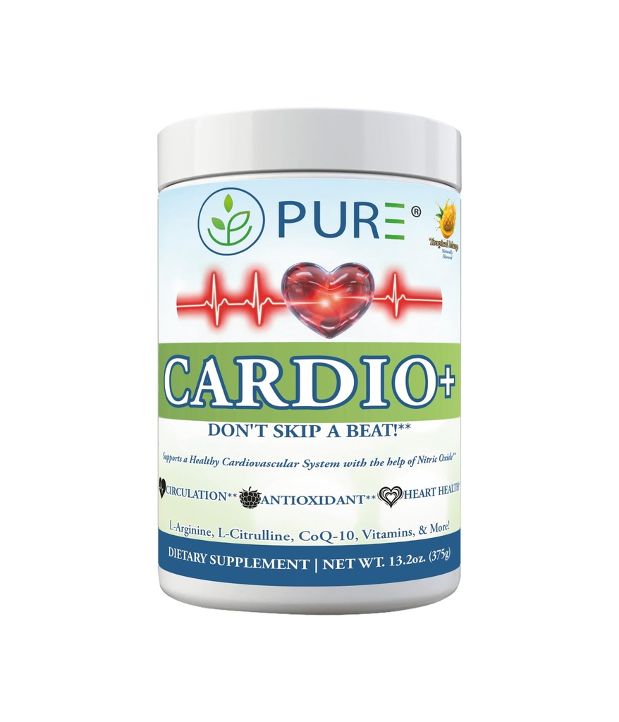 PURE® Cardio+ Nitric Oxide Heart & Circulation Support - 5000mg L-Arginine & 1000mg L-Citrulline - Mango, 30 Servings Powder, 375 Grams - CoQ10 Beet Root - High Potency Cardiovascular Formula