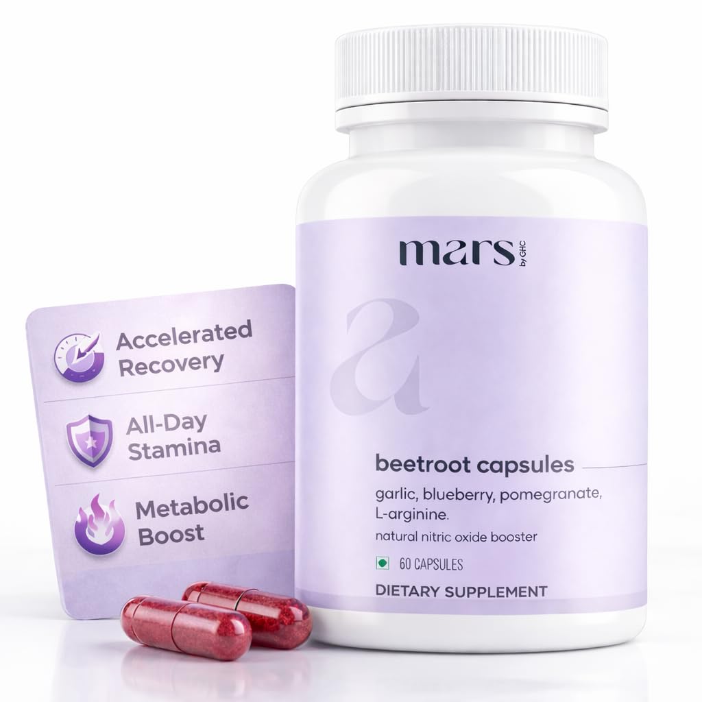 Mars Beetroot Capsules with L-Arginine, Garlic, Pomegranate & Blueberry, Nitric Oxide Booster Supplement, 60 Capsules