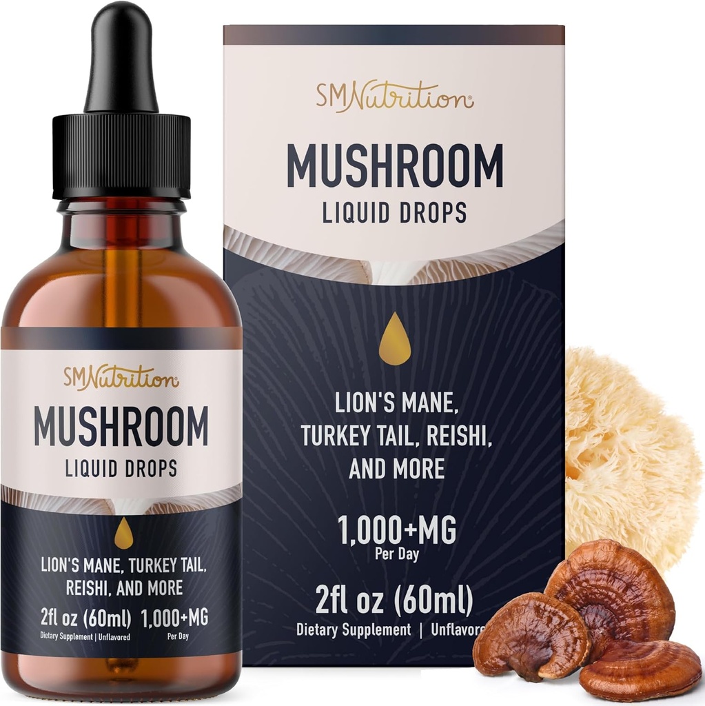 Mushrooms Liquid Drops Complex | Lions Mane Supplement mit Turkey Tail Mushroom, Reishi, Shiitake & More | Unterstützung kognitive Funktion, Memory & Focus | Non-GMO, Soy-Free | 2 Fl Oz, 60 Servierungen