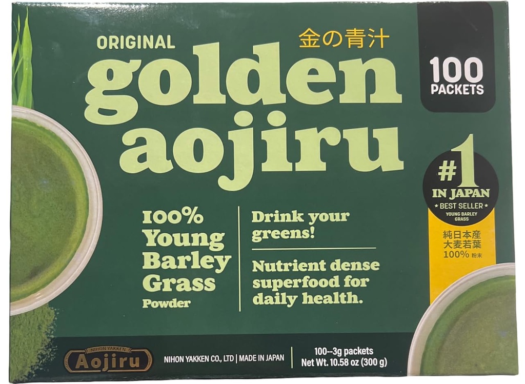 Original Golden Aojiru Young Barley Grass Juice Powder – 100% Japanese Grown, 100 Packets (3g Each), Vegan, Non-GMO, Gluten-Free Green Drink for Smoothies & Daily Wellness