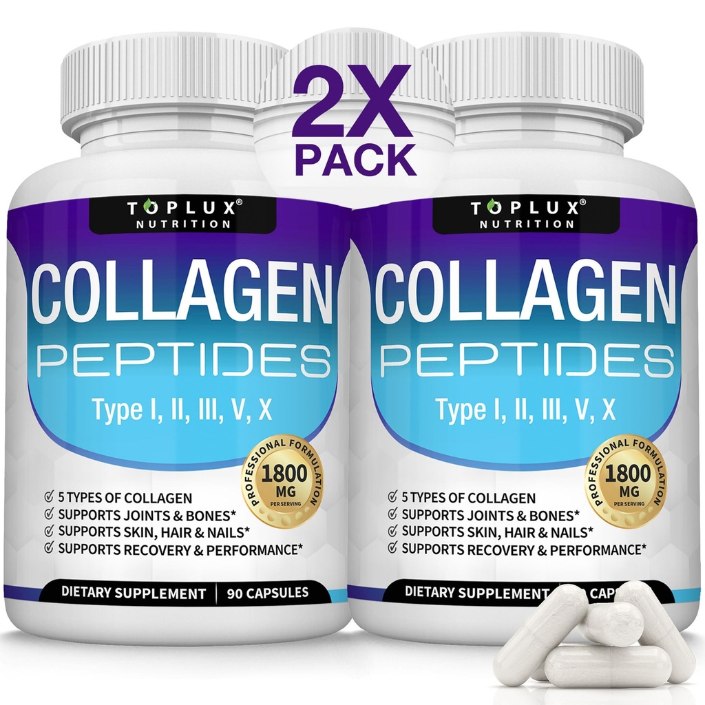 Toplux Multi Collagen Peptides Pills 1800 Mg Complex - Type I, II, III, V, X Premium Collagen Complex for Better Skin & Hair, Strong Joint, Hydrolyzed Protein, for Men Women, 90 Capsules, Supplement
