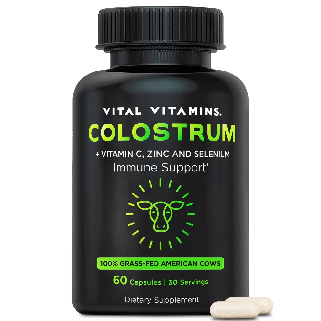 Vital Vitamine Kolostrum-Ergänzung - Vitamin C, Zink, & Selen - von der ersten Melkung - Standardisiert, um 10% IgG Immunoglobuline - Grass-Fed American Cows - 60 Kapseln