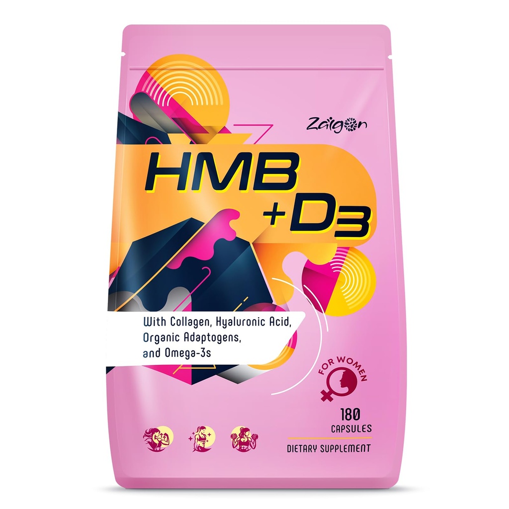 Zaigon HMB Supplements for Women | Vitamin D3 K2, Ashwagandha, Magnesium, Omega 3, Collagen, Biotin, Hyaluronic Acid, Astaxanthin, Calcium | Skin Care, Muscle, Bone & Brain Support | 180 Capsules