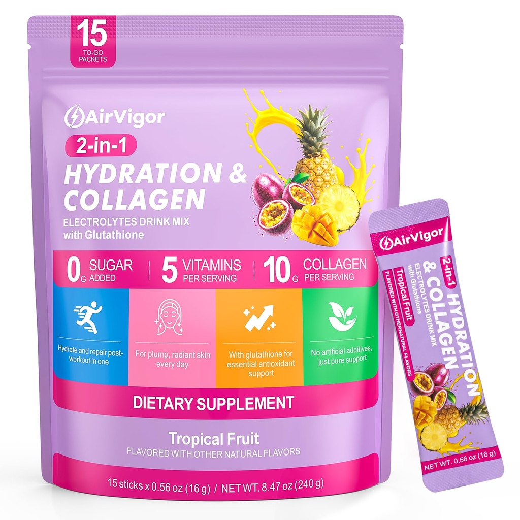Electrolytes Powder Packets, 10G Collagen Hydration Packets, Sugar Free Daily Electrolyte Hydration Recocery Drink Mix with 5 Vitamins & Glutathione, Joint Skin Muscle Support, Keto, Tropical