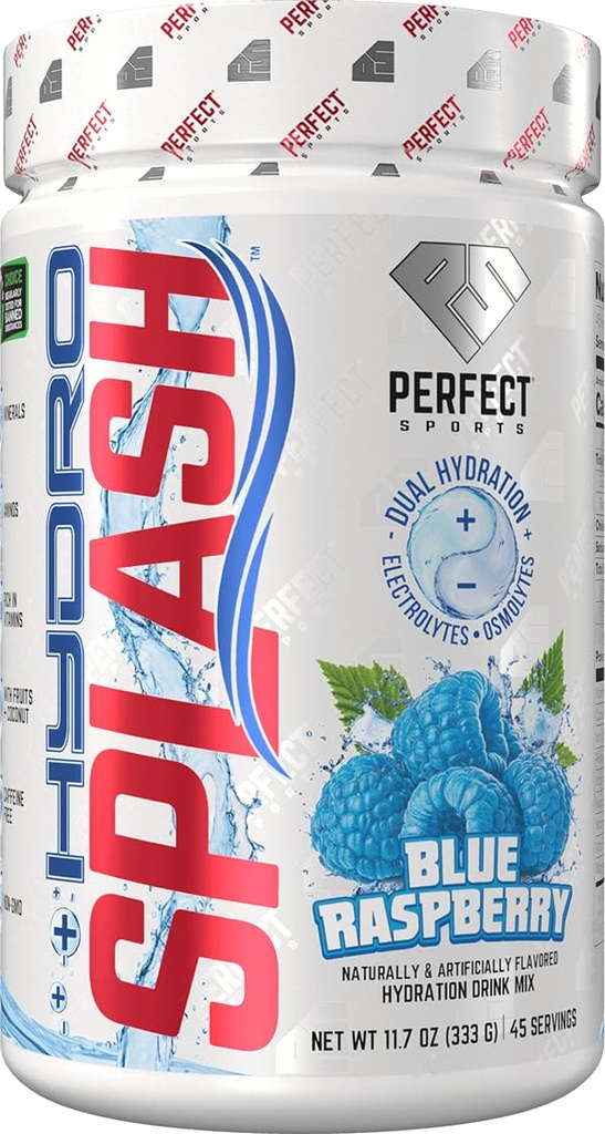 PERFECT SPORTS Hydro Splash | Hydration Drink Mix | Electrolytes, BCAAs, & Vitamins | Fruits + Coconut | Zero Sugar, Caffeine Free | 45 Servings (Blue Raspberry)