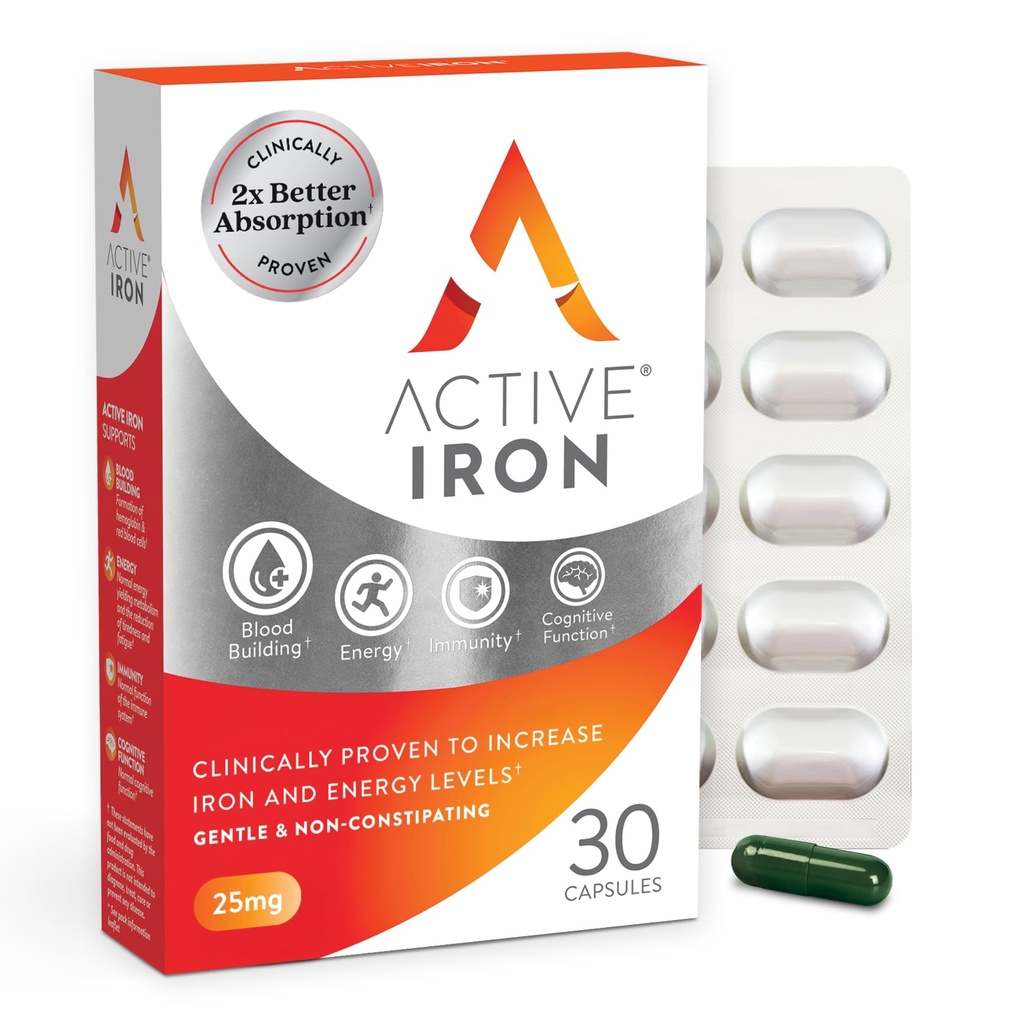 Aktive Eisen-Ergänzung 25mg – Klinisch bewiesen, Eisen- und Energieniveau zu erhöhen – Gentle, Non-Constipating, Highly Absorbed – 30 Kapseln